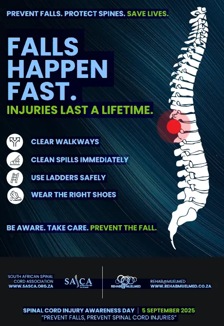 Winning poster by Madelein Greyling – gold & navy design on spinal cord injury research. SASCA 2025 champion + ISCoS Top 5 ribbon.